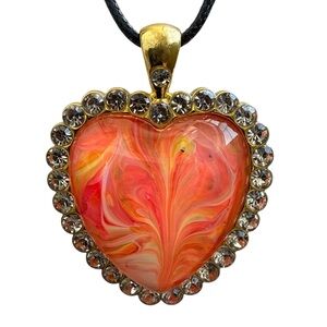 Handmade Heart Pendant Necklace Coral Orange Fluid Art Cabochon Rhinestone Frame